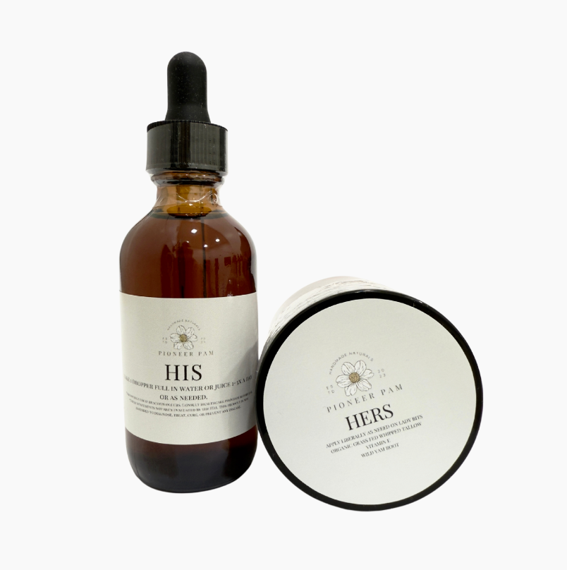 Bottle labeled 'HIS' and container labeled 'HERS' on a white background.HERS is an all-natural organic, antibiotic and hormone free double whipped beef tallow rub infused with wild yam root.&nbsp;

Wild Yam Root is a vine that is native to North America, widely known for its powerful medicinal properties. Wild yam root is most commonly known to help treat premenstrual syndrome (PMS + menstrual cramps), alleviate symptoms of menopause including hot flashes and mood fluctuations.