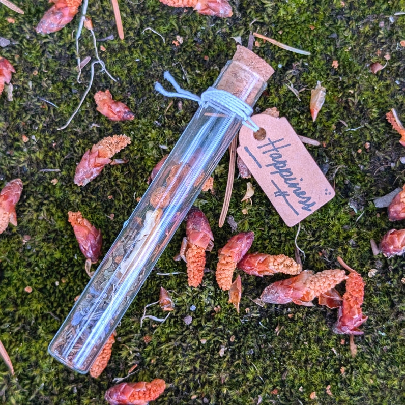 Test tube with cork stopper on a mossy surface with a pink tag. Happiness Spell Vial