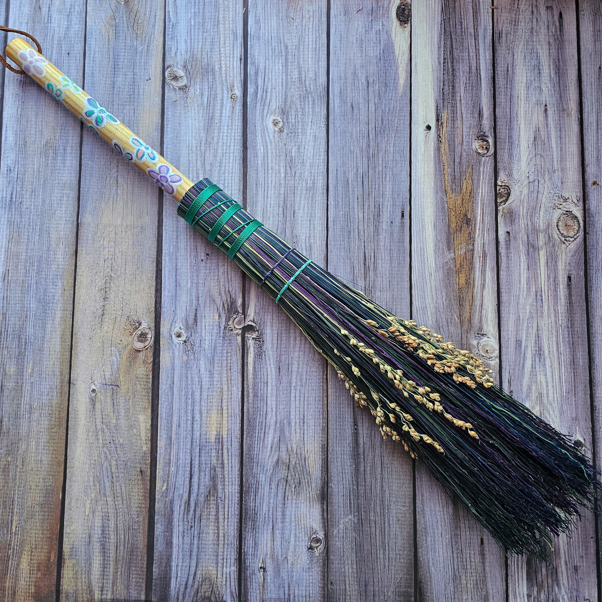 Hand Painted Decorative Round Broom – 24” Folk Art Broomcorn Besom