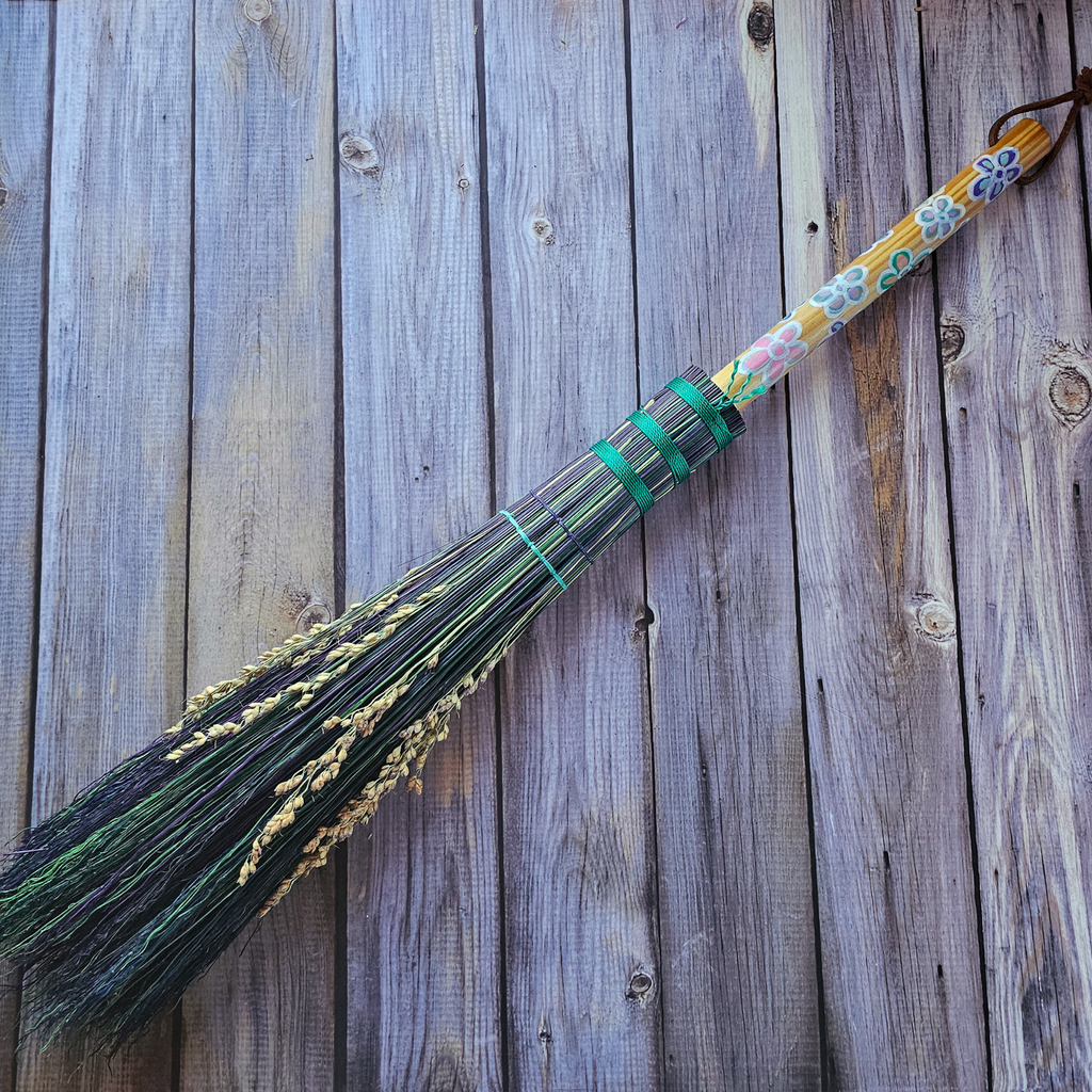 Hand Painted Decorative Round Broom – 24” Folk Art Broomcorn Besom