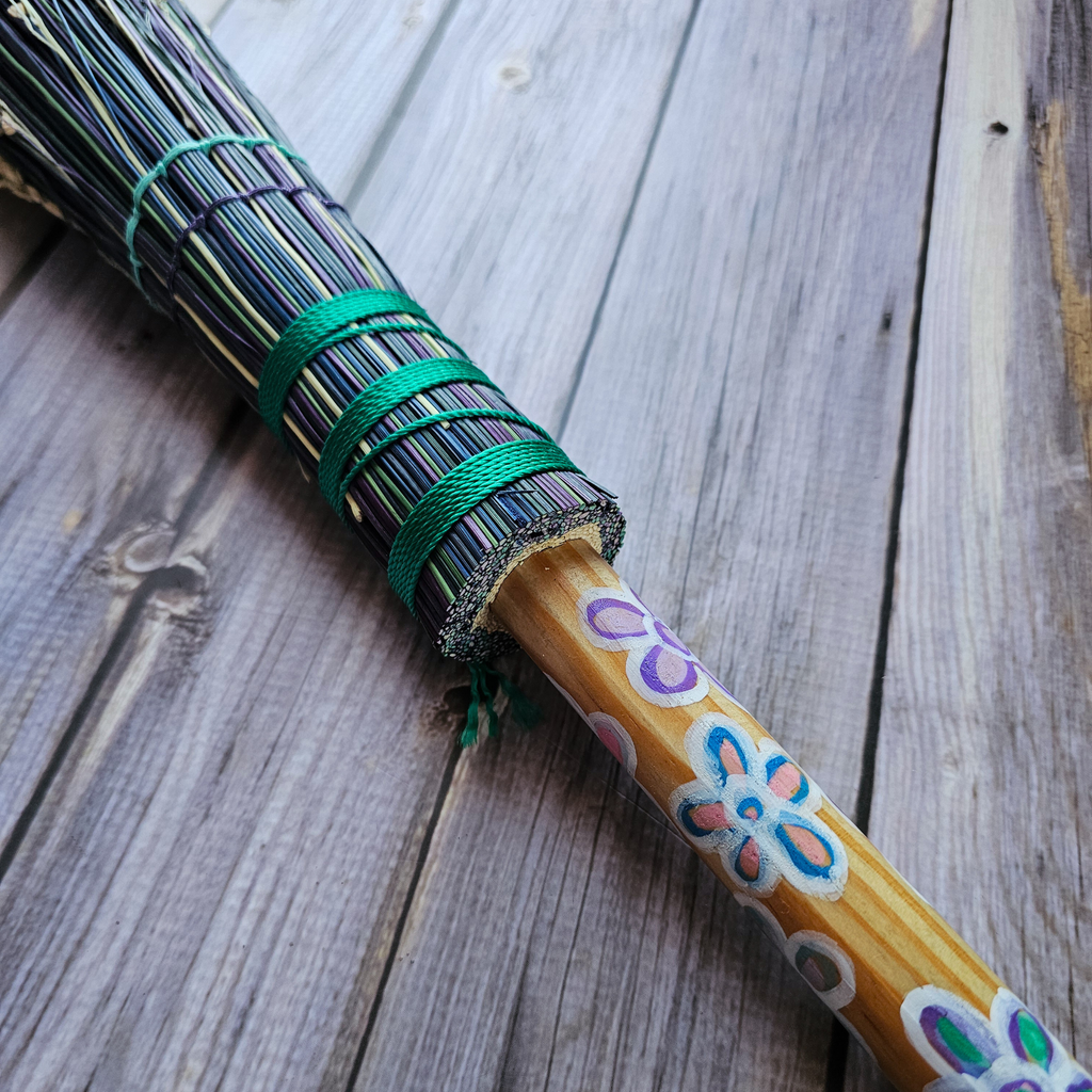 Hand Painted Decorative Round Broom – 24” Folk Art Broomcorn Besom