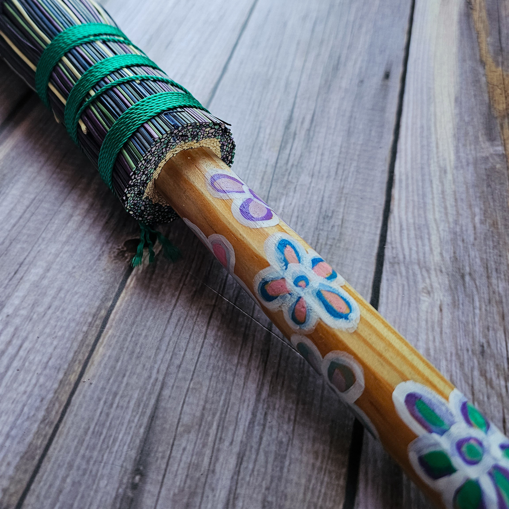 Hand Painted Decorative Round Broom – 24” Folk Art Broomcorn Besom