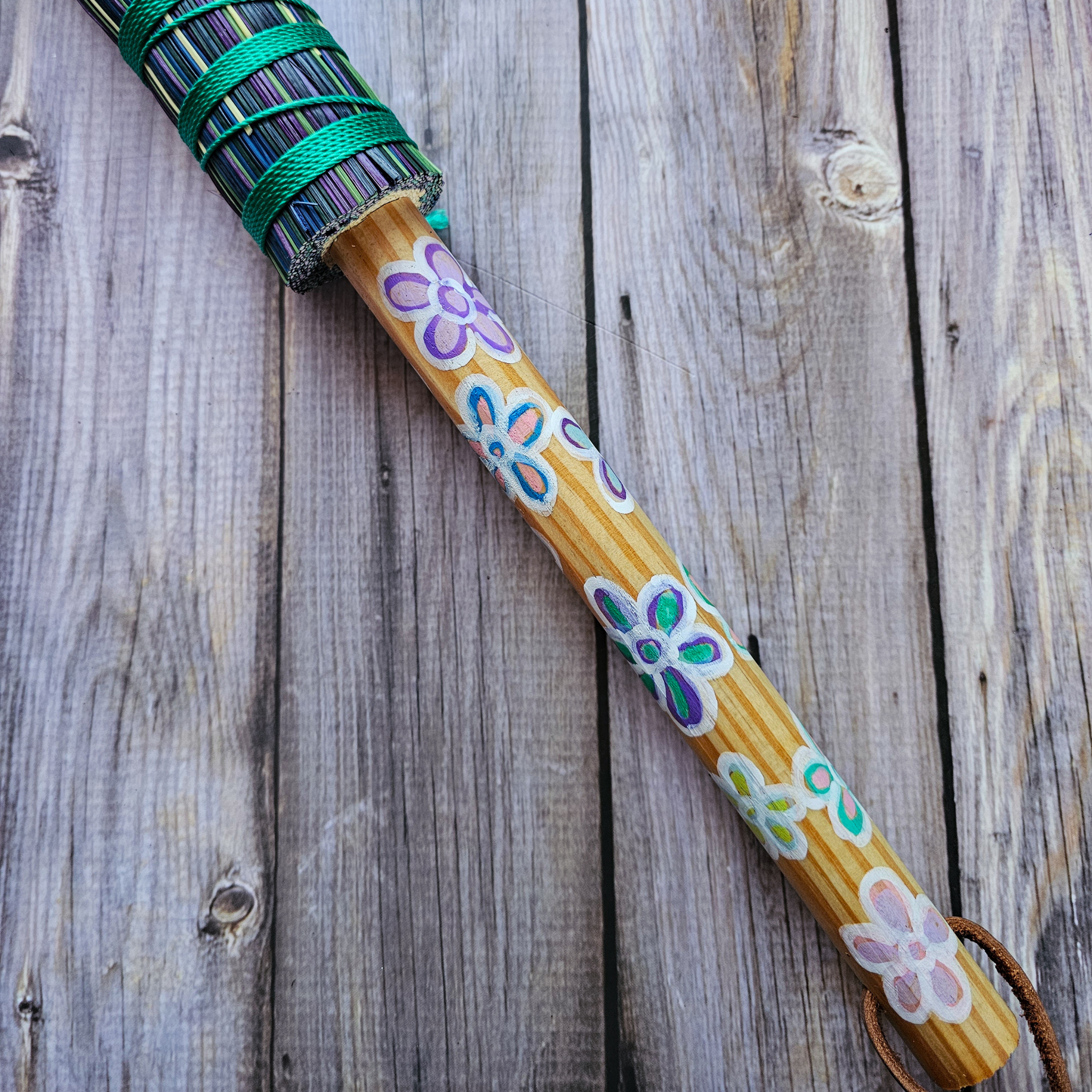 Hand Painted Decorative Round Broom – 24” Folk Art Broomcorn Besom