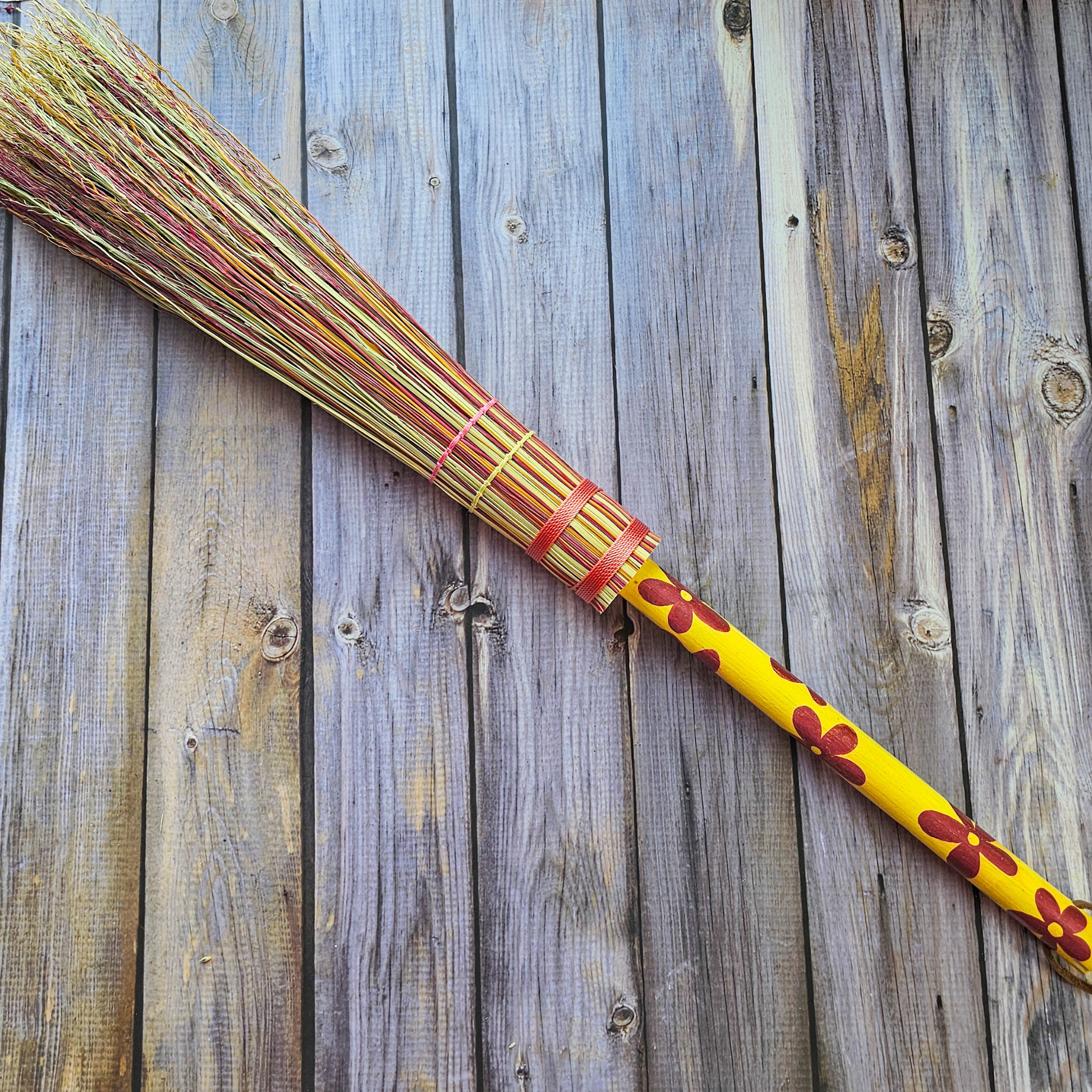 Hand Painted Decorative Round Broom - 26" Folk Art Besom Broom Yellow and Pink