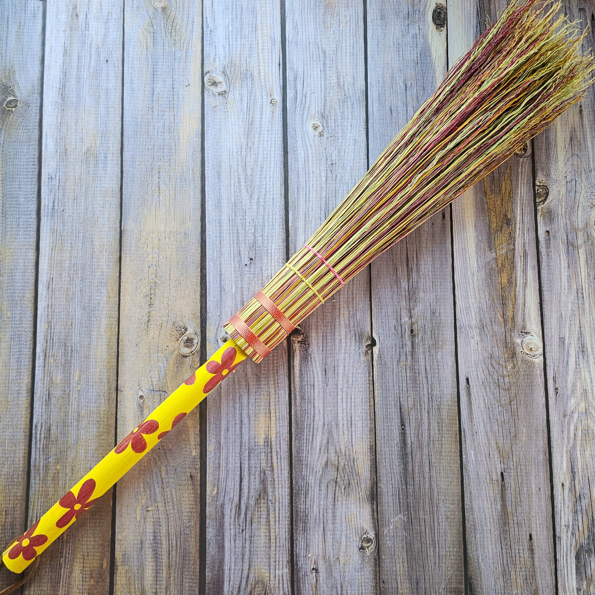 Hand Painted Decorative Round Broom - 26" Folk Art Besom Broom Yellow and Pink