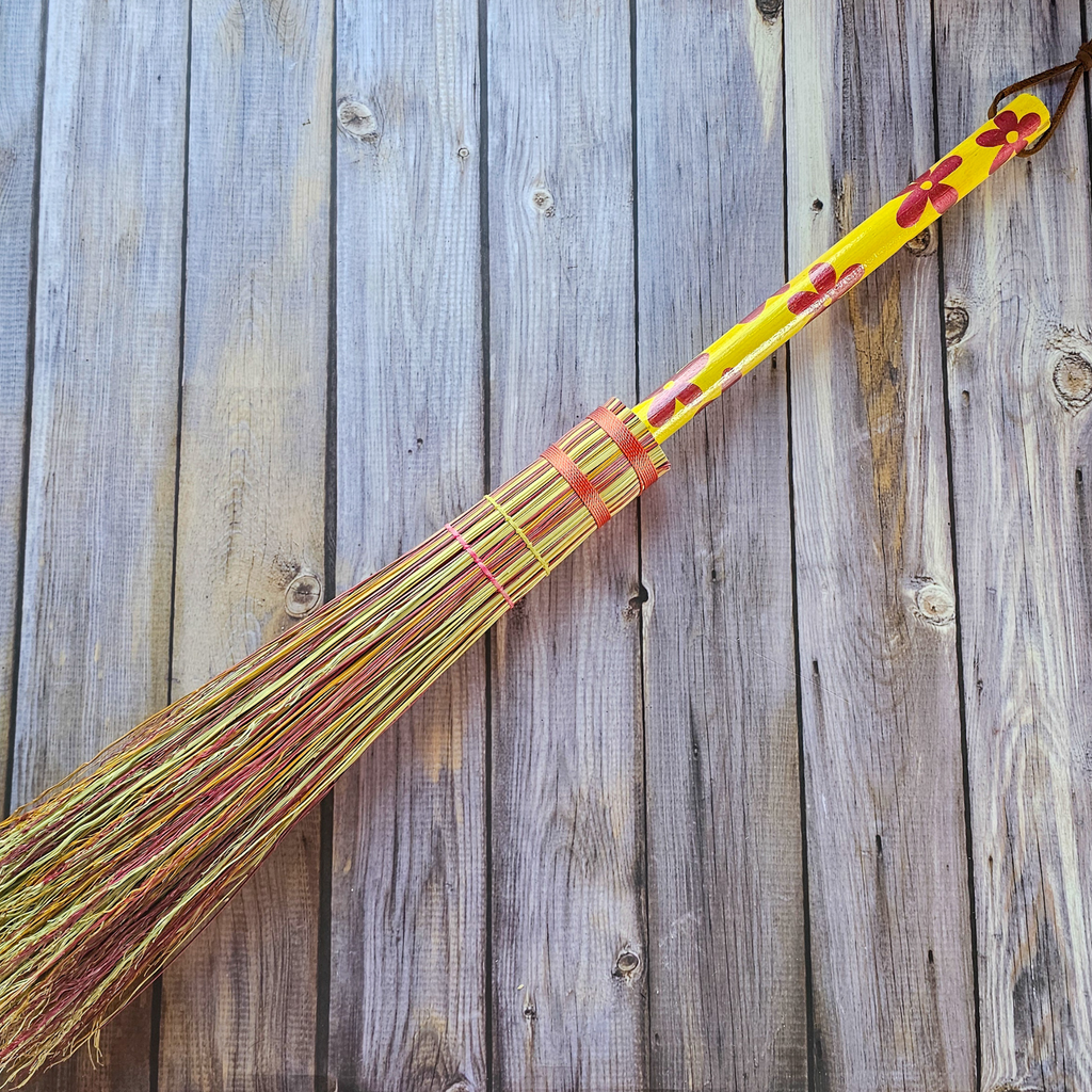 Hand Painted Decorative Round Broom - 26" Folk Art Besom Broom Yellow and Pink