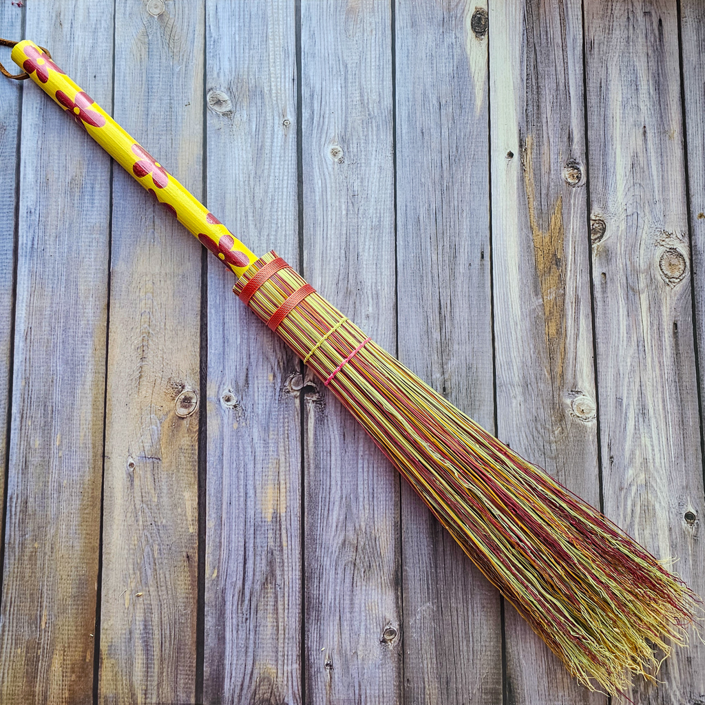 Hand Painted Decorative Round Broom - 26" Folk Art Besom Broom Yellow and Pink