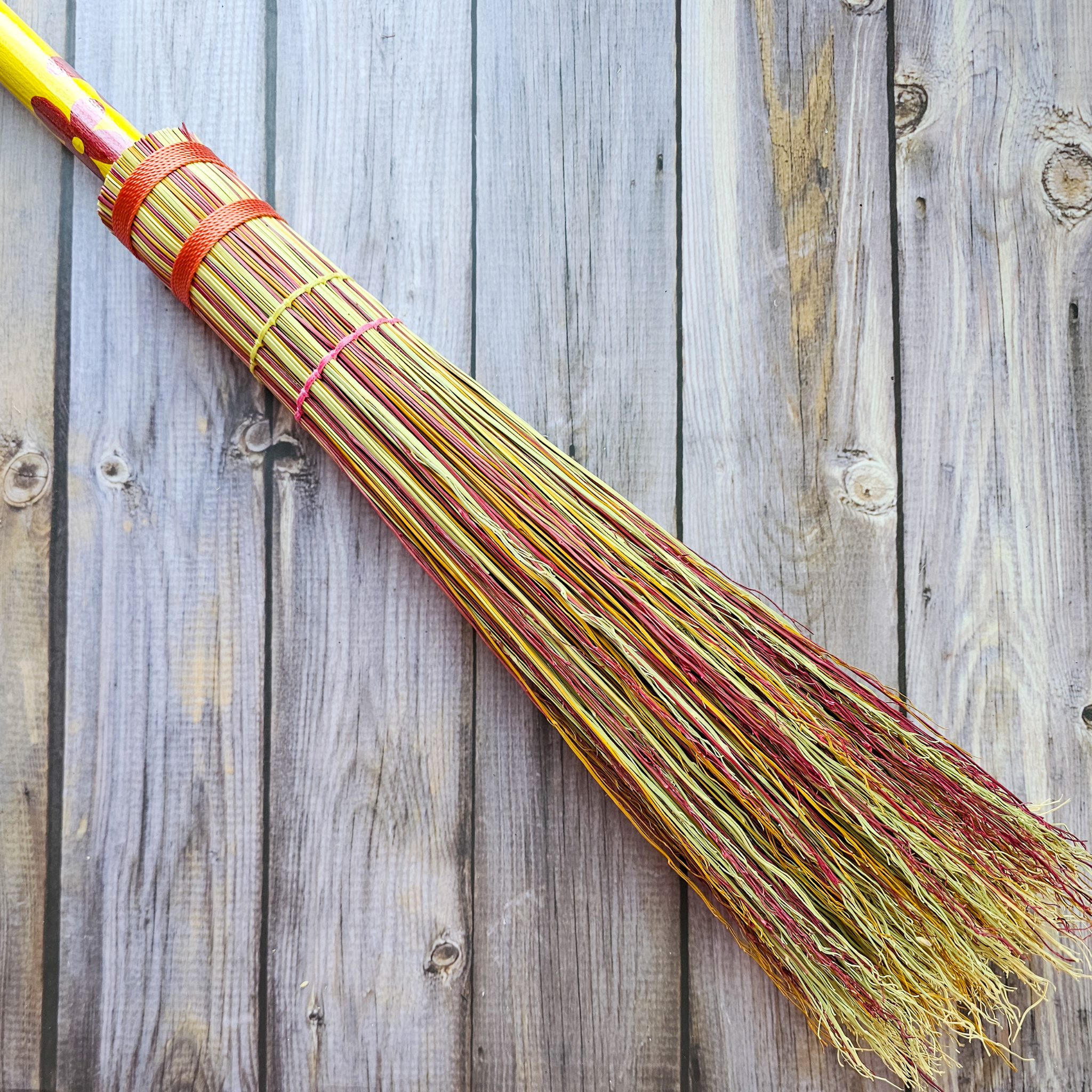Hand Painted Decorative Round Broom - 26" Folk Art Besom Broom Yellow and Pink