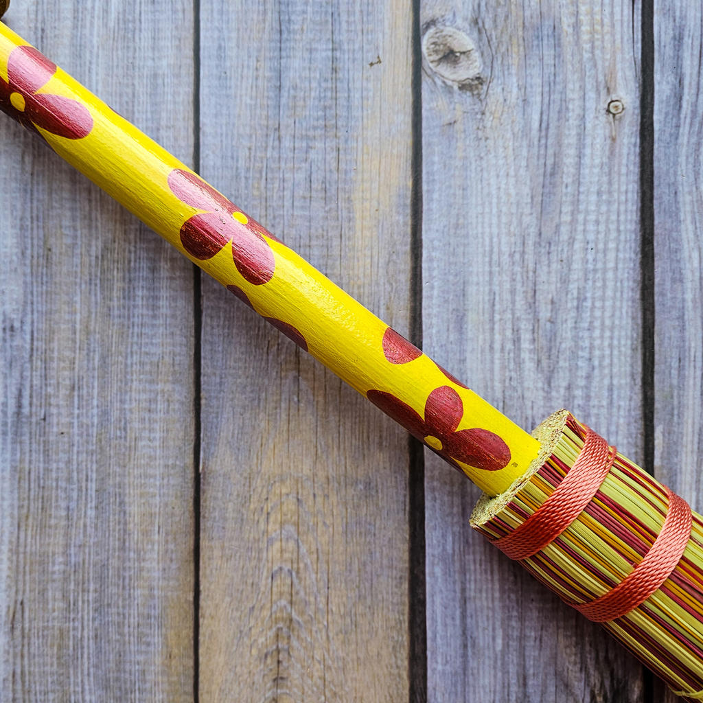 Hand Painted Decorative Round Broom - 26" Folk Art Besom Broom Yellow and Pink