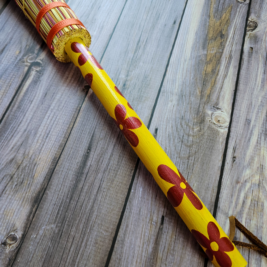 Hand Painted Decorative Round Broom - 26" Folk Art Besom Broom Yellow and Pink