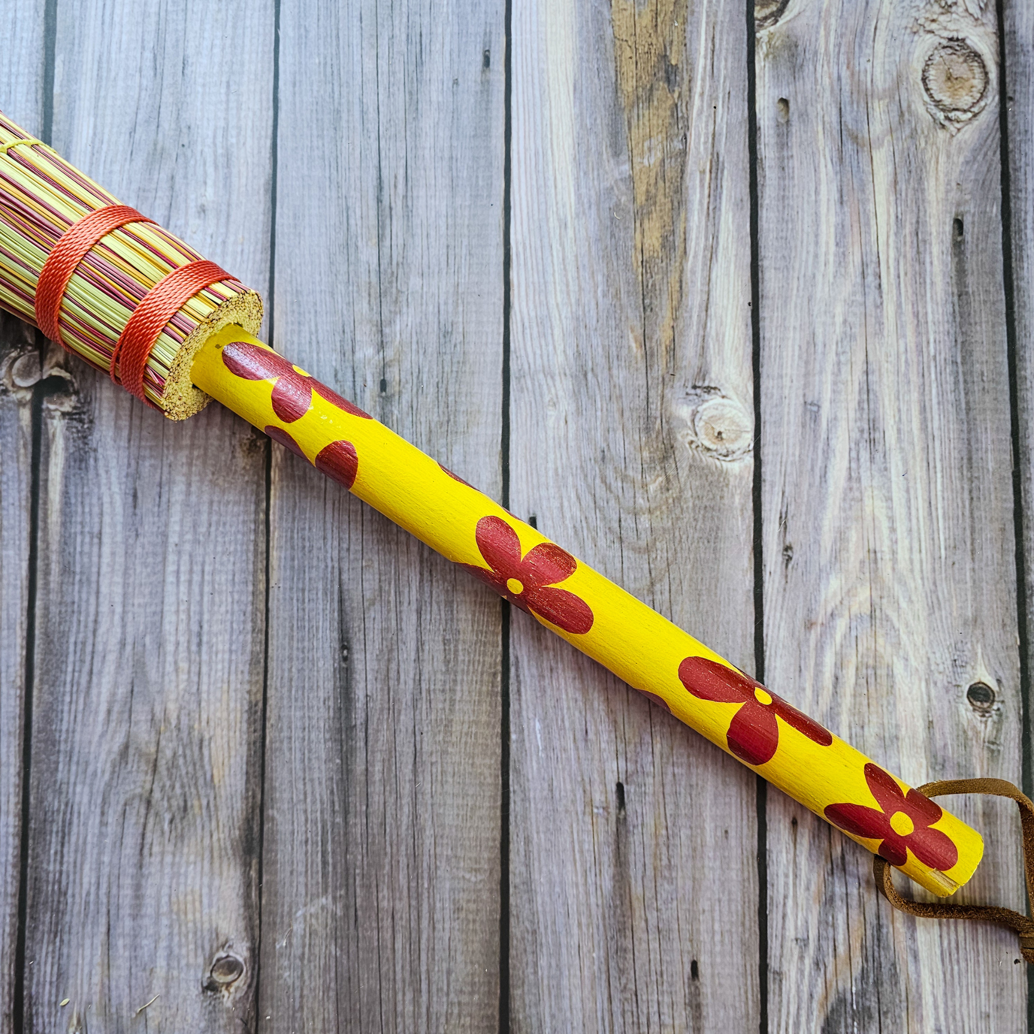 Hand Painted Decorative Round Broom - 26" Folk Art Besom Broom Yellow and Pink