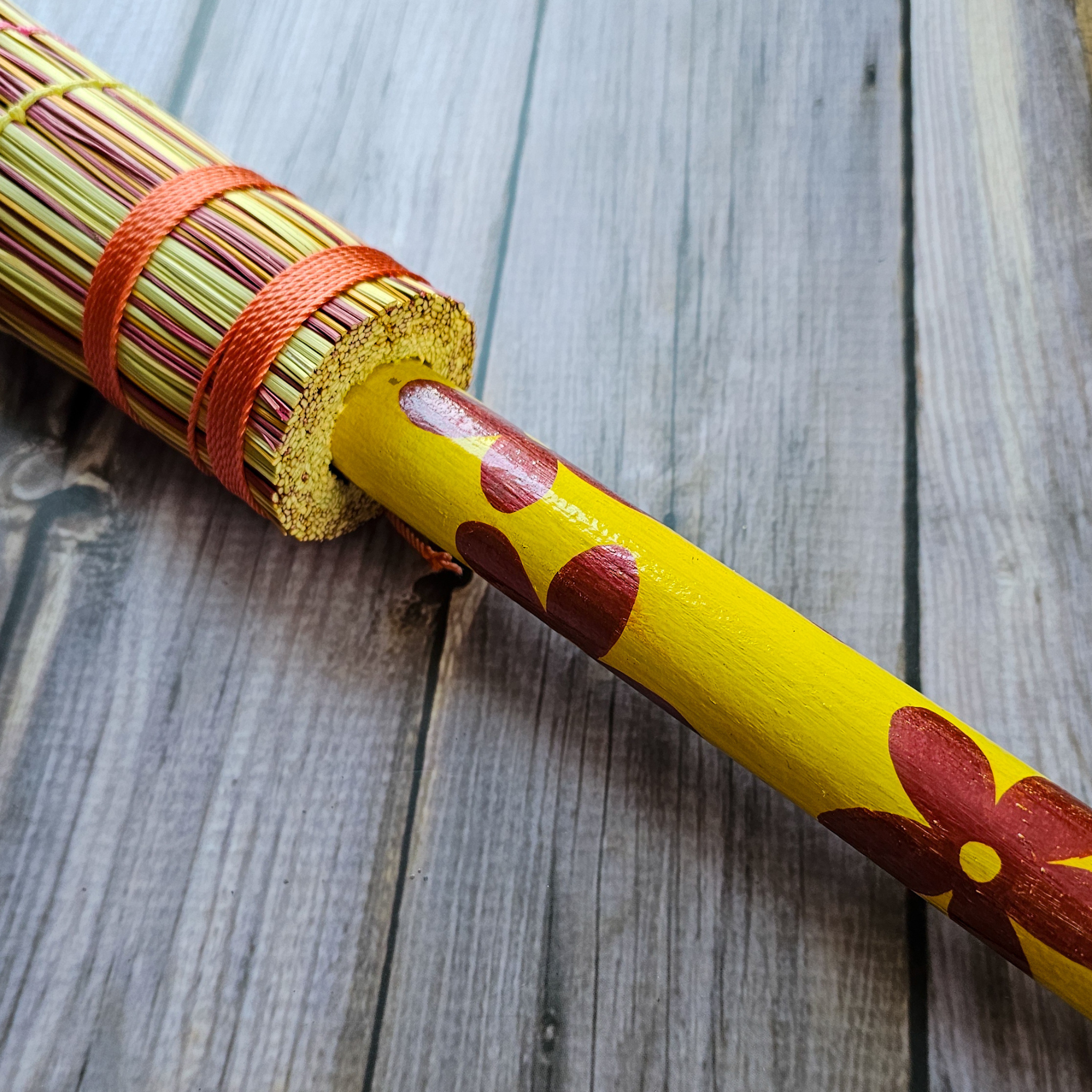 Hand Painted Decorative Round Broom - 26" Folk Art Besom Broom Yellow and Pink