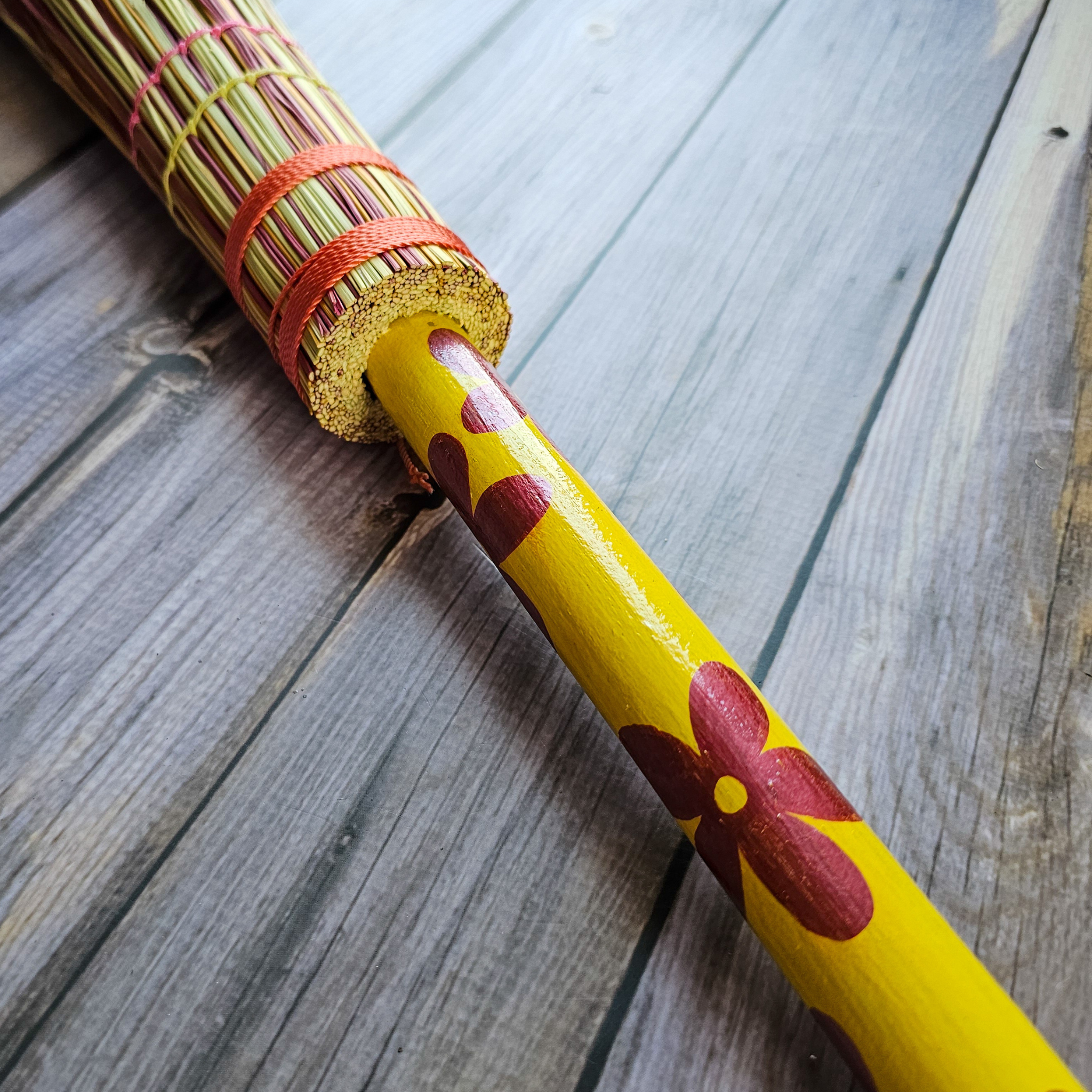Hand Painted Decorative Round Broom - 26" Folk Art Besom Broom Yellow and Pink