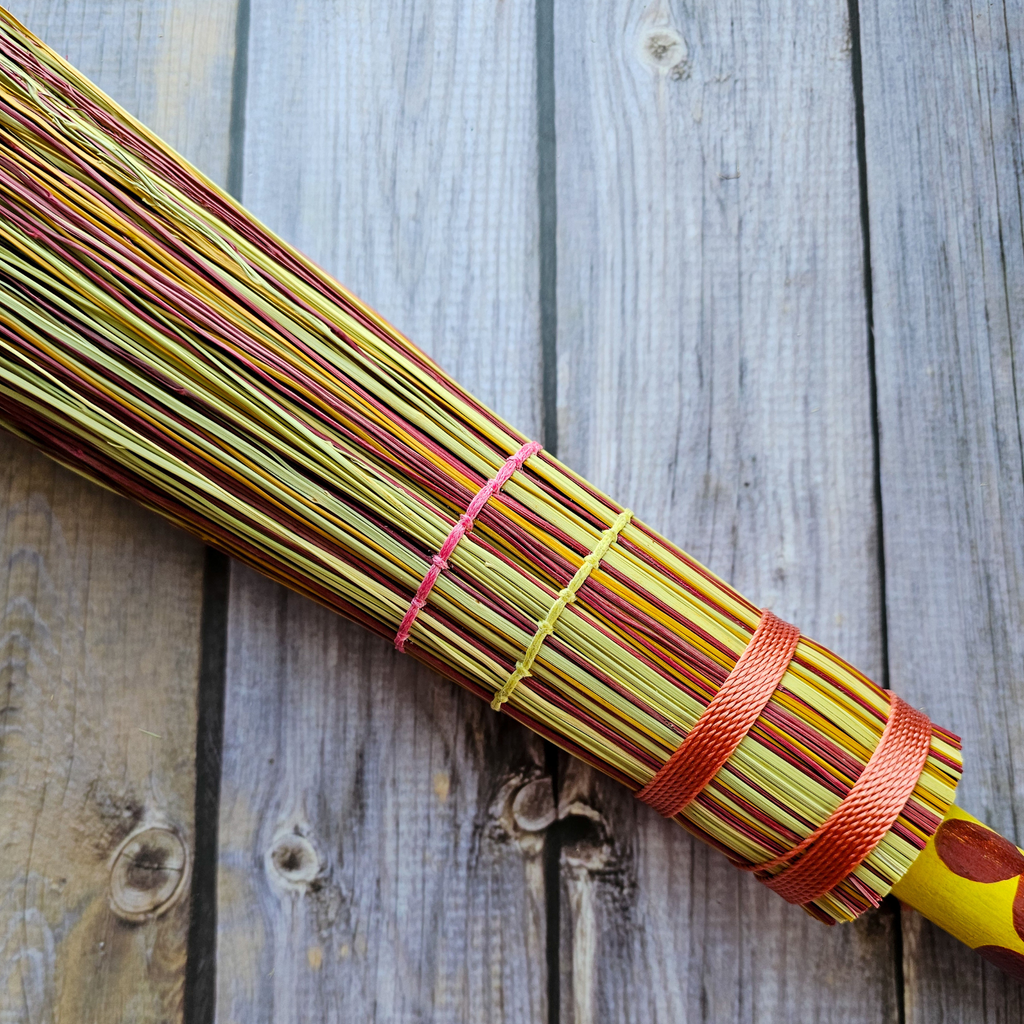 Hand Painted Decorative Round Broom - 26" Folk Art Besom Broom Yellow and Pink