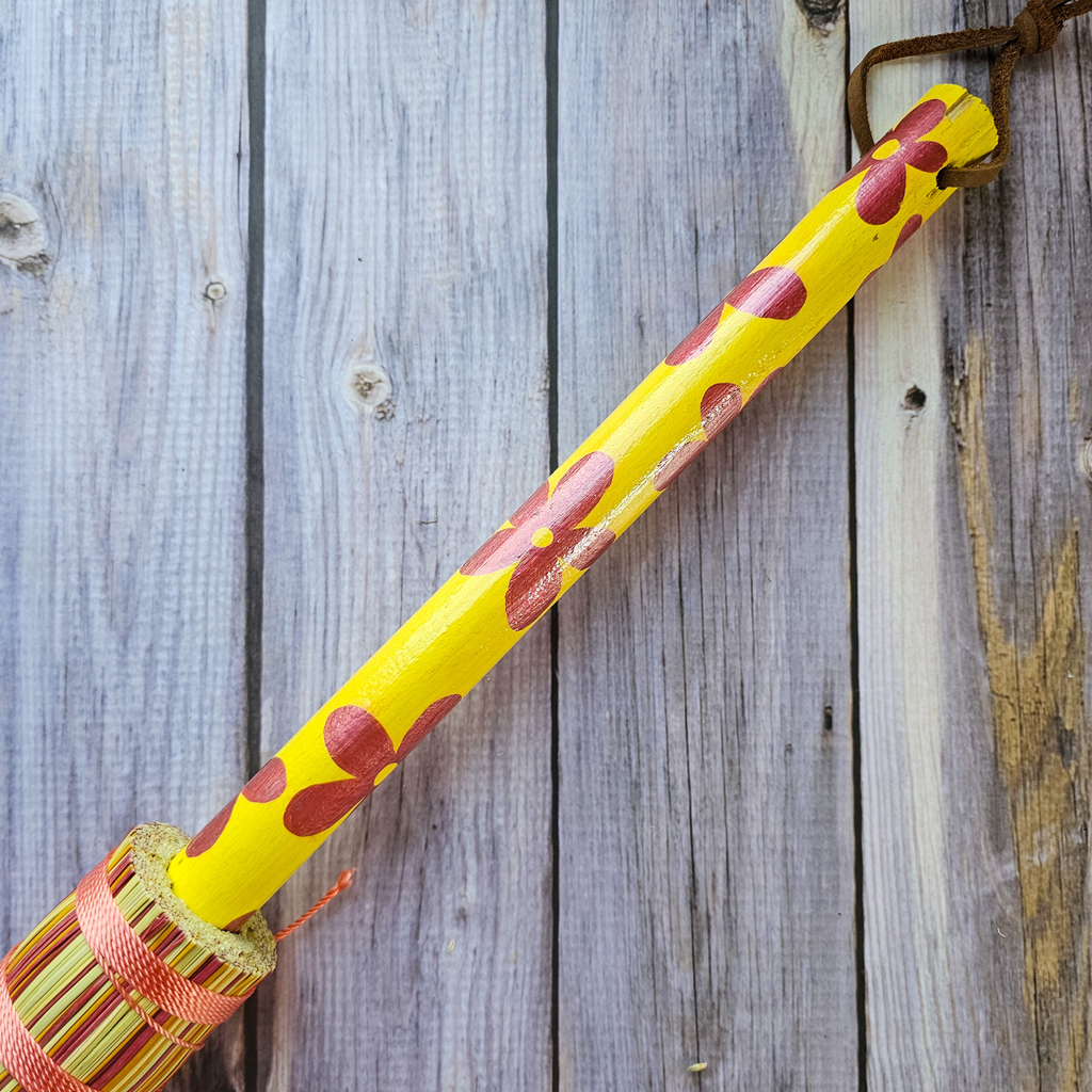 Hand Painted Decorative Round Broom - 26" Folk Art Besom Broom Yellow and Pink
