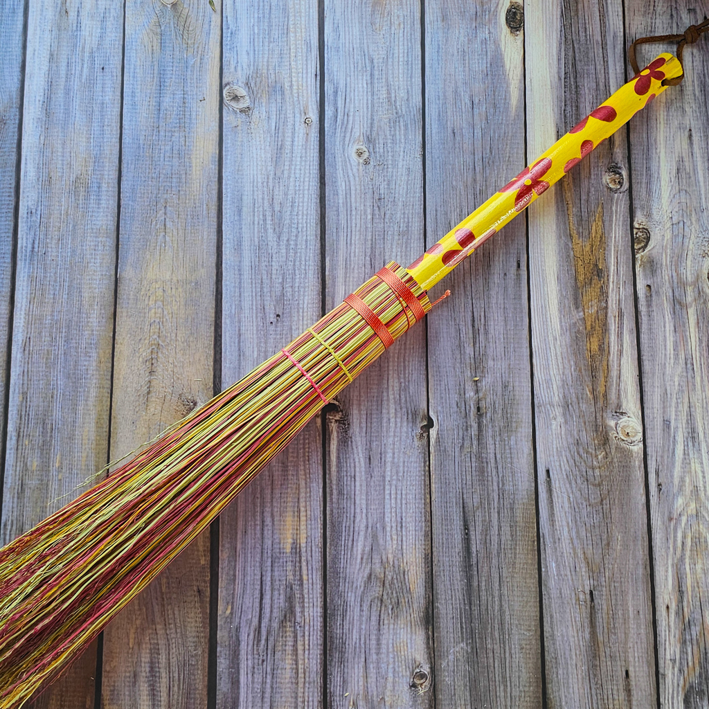 Hand Painted Decorative Round Broom - 26" Folk Art Besom Broom Yellow and Pink
