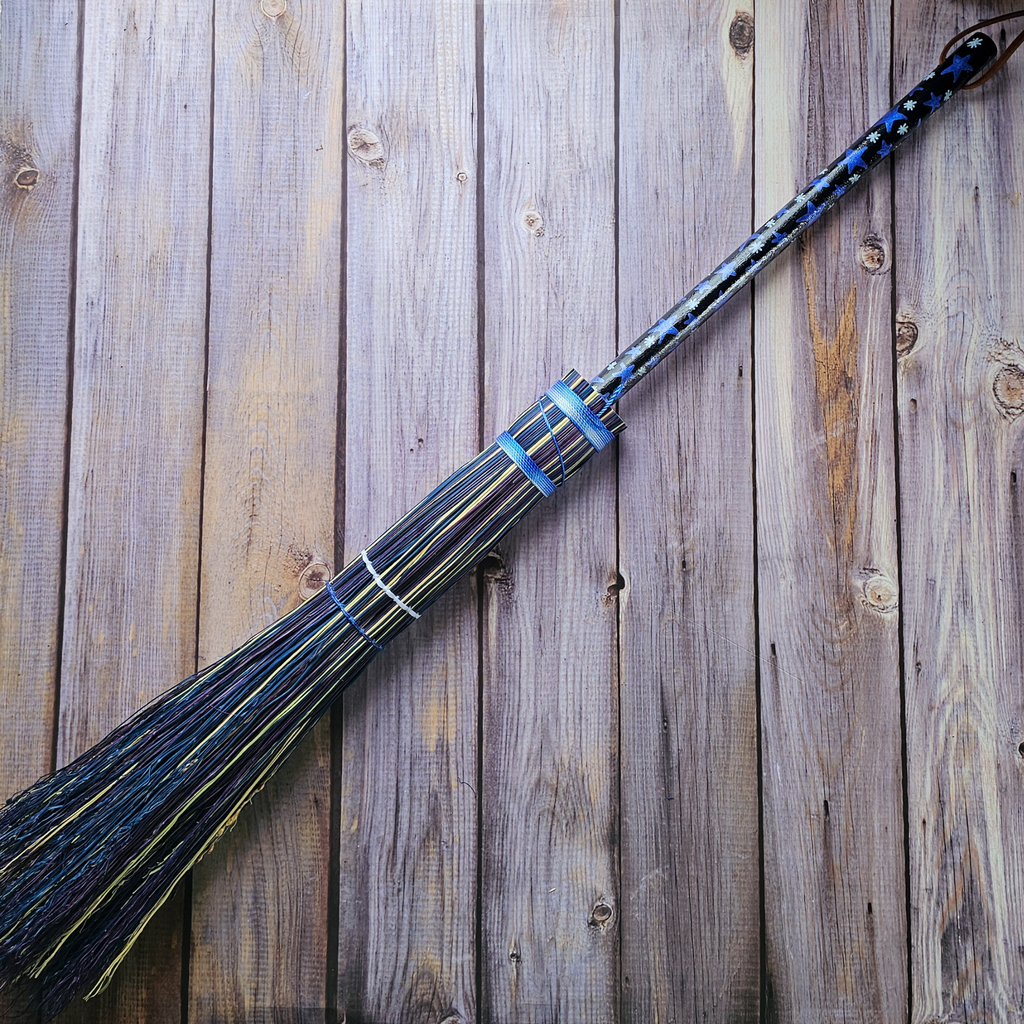 Hand Painted Decorative Round Broom, 26" Handmade Witches Besom