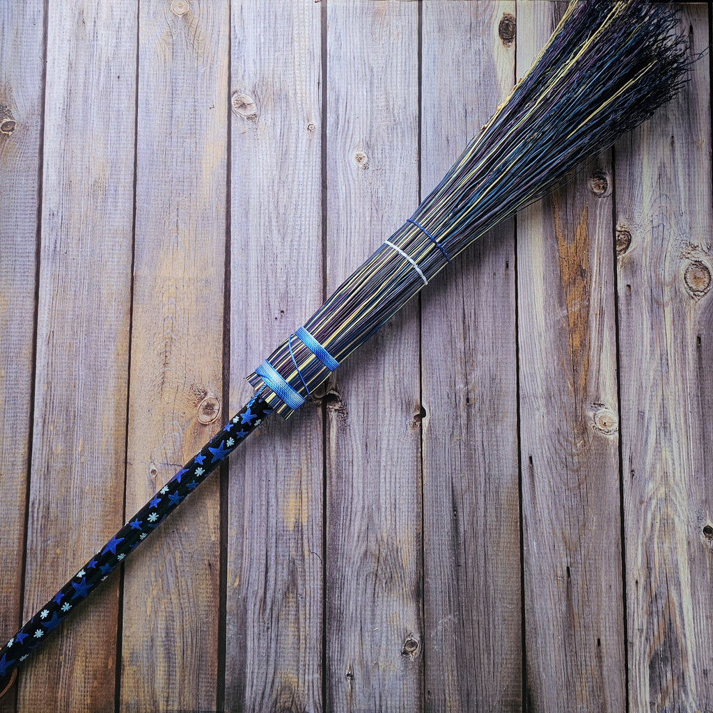 Hand Painted Decorative Round Broom, 26" Handmade Witches Besom