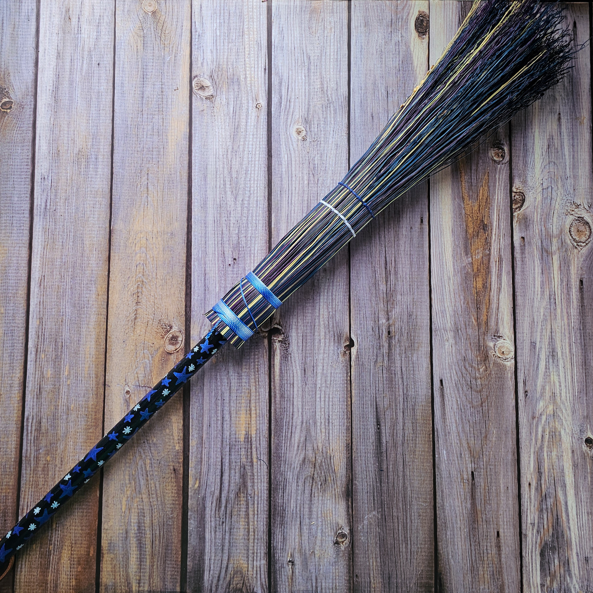 Hand Painted Decorative Round Broom, 26" Handmade Witches Besom