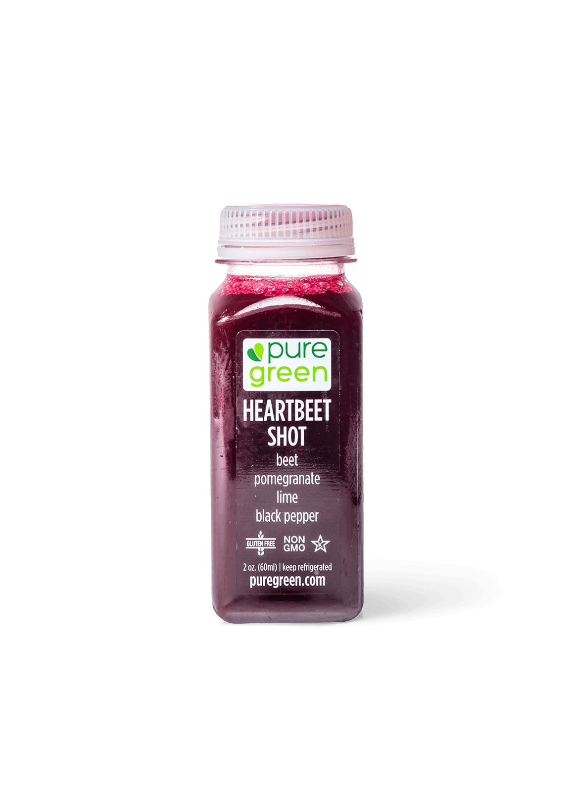 Pure Green Heartbeet Shot cold-pressed wellness juice with beet, pomegranate, lime, and black pepper in a 2 oz bottle on a transparent background. Non-GMO, vegan, gluten-free juice shot crafted to support everyday wellness.