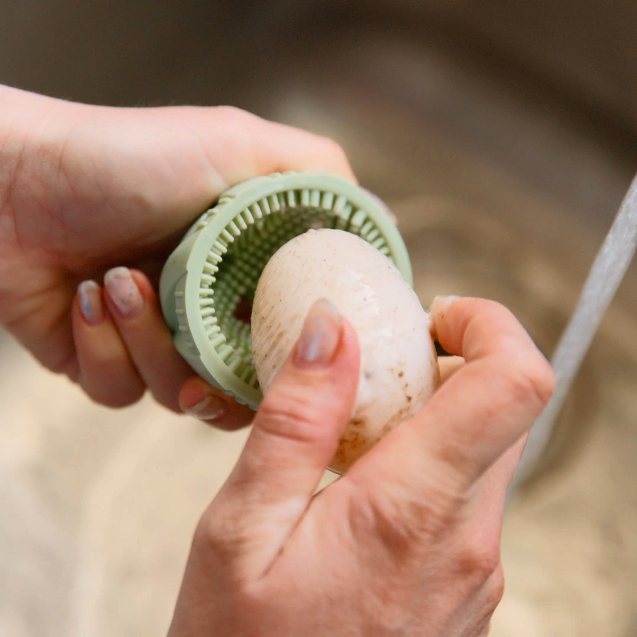Close-up of a person's hands holding a light green egg-shaped cleaning scrubber under running water while washing a white egg.