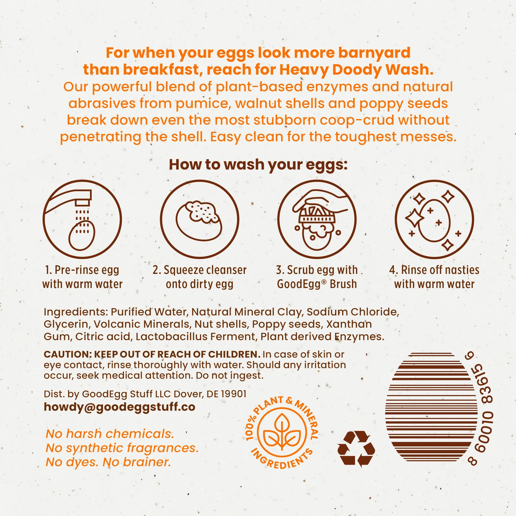 An informational product graphic for GoodEgg Wash, featuring orange text and icons on a textured off-white background. It outlines how to wash eggs using four numbered steps with simple line drawings, lists ingredients, includes a warning label, and shows a barcode with the text '9 GLACIER 01008' and '100% ORGANIC INGREDIENTS'.