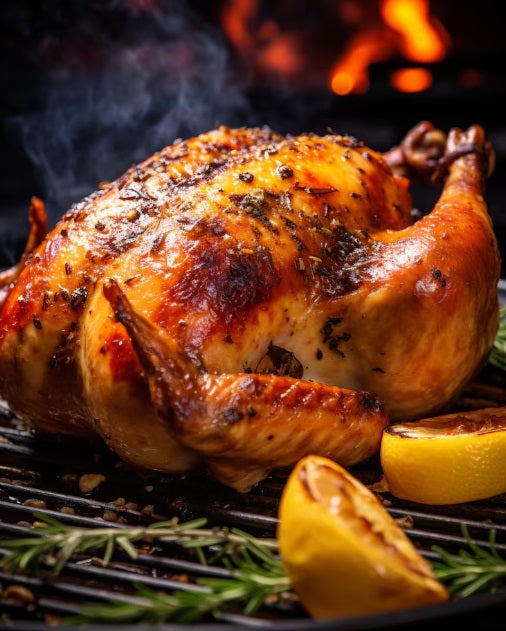 A whole USDA Organic pasture-raised chicken on a grill, seasoned with herbs and surrounded by lemon wedges and rosemary, with smoke rising in the background. Non-GMO, soy-free, vacuum-sealed chicken from Hendricks Farm & Hatchery LLC.