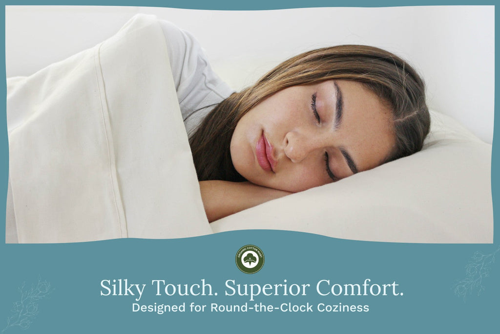 Woman sleeping under a blanket with text 'Silky Touch. Superior Comfort.' Organic Sateen Bed Sheets Set