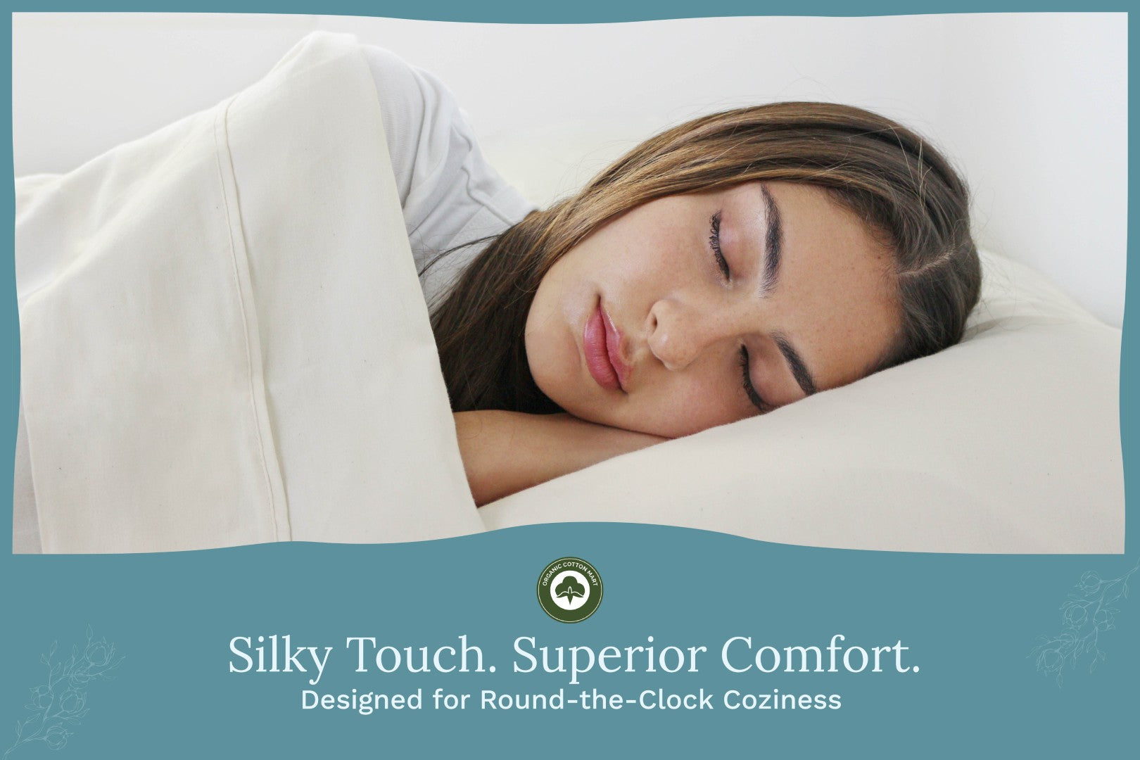 Woman sleeping under a blanket with text 'Silky Touch. Superior Comfort.' Organic Sateen Bed Sheets Set