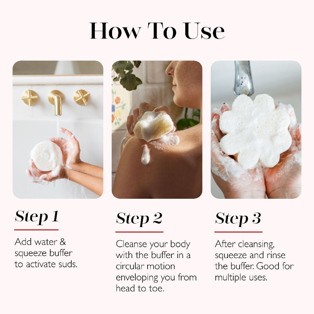 Spongellé Sugar & Spice Holiday Gingerbread Gift Set how-to-use guide showing three steps for activating, cleansing and rinsing reusable body wash infused buffers, exfoliating bath sponges for festive Christmas body care and self-care.