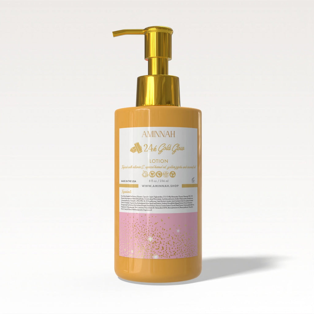 AMINNAH 24K Gold Glow Hydrating Body Lotion in a pump bottle with natural ingredients, clean beauty, cruelty-free, vegan skincare from a female-owned brand for soft, nourished, glowing skin.