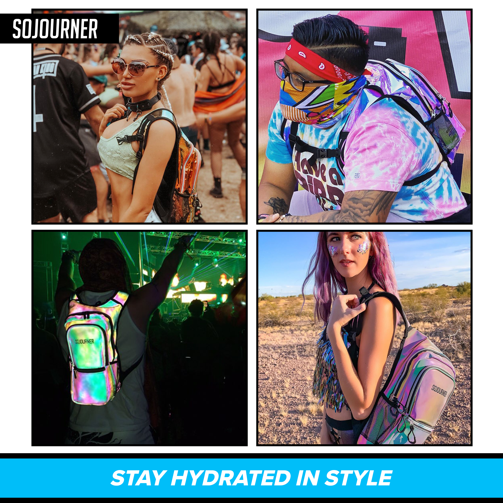Collage of people wearing colorful hydration packs with 'Sojourner' branding.