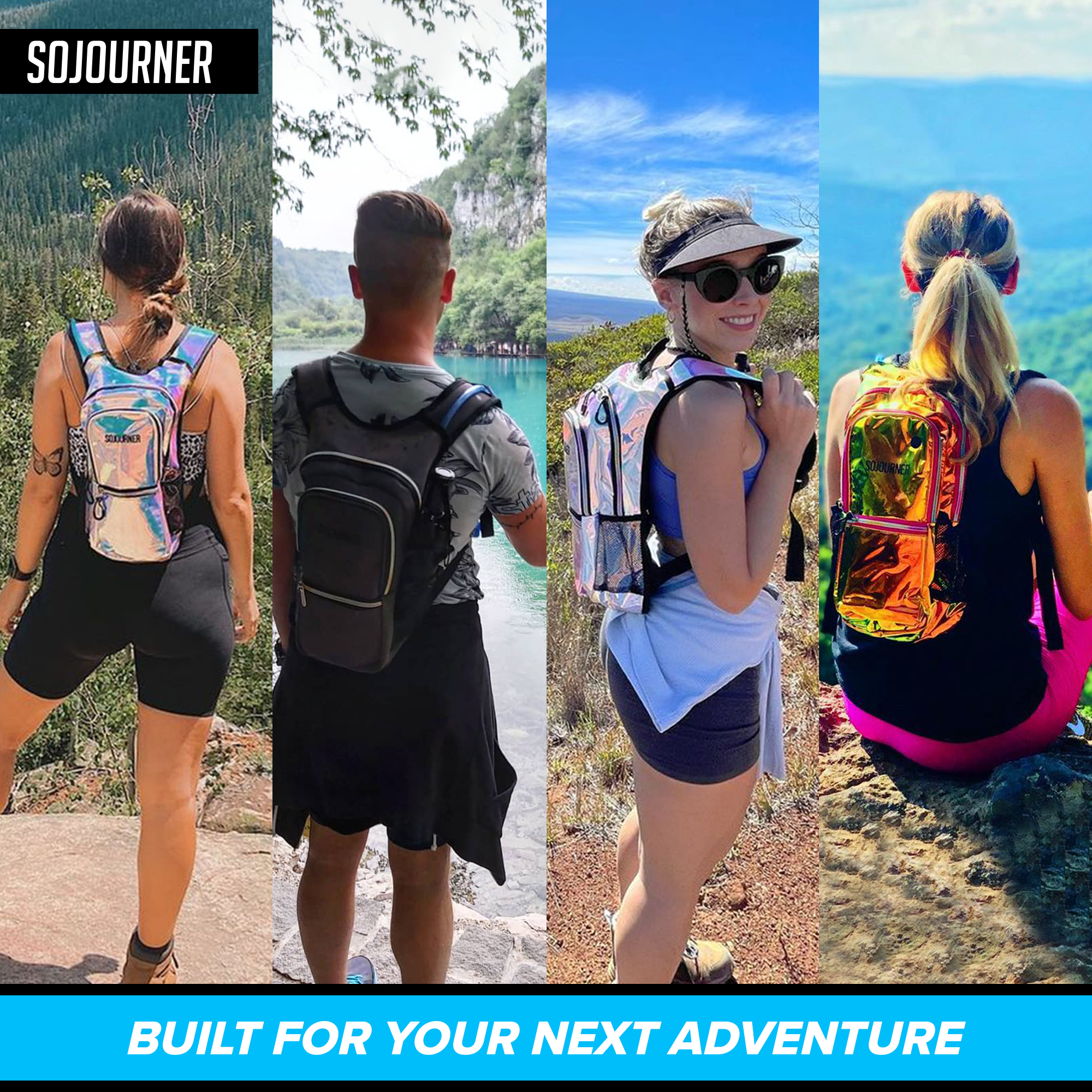 Four people wearing colorful backpacks with scenic backgrounds, featuring the Sojourner brand.