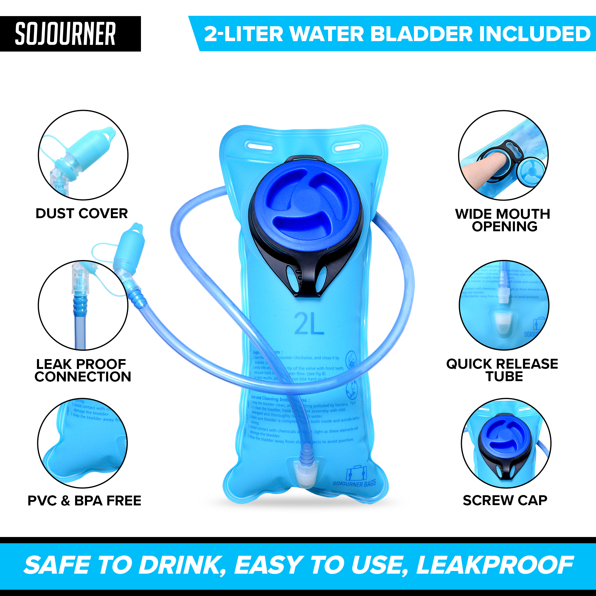 Blue water bladder with features highlighted on a white background