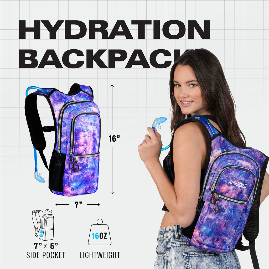 Purple hydration backpack with a woman holding a water bottle, on a grid background.