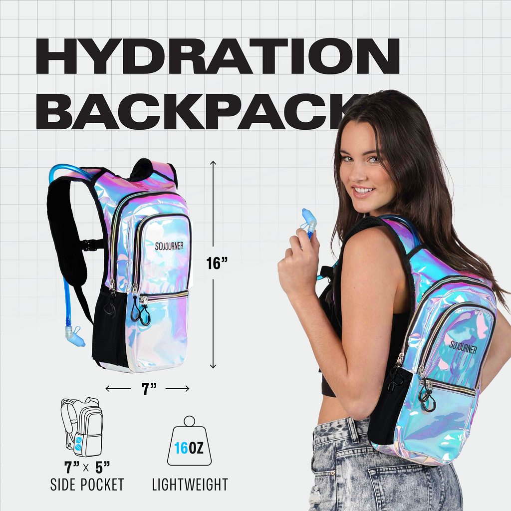 Hydration backpack with a woman wearing it, showing features and measurements on a grid background.