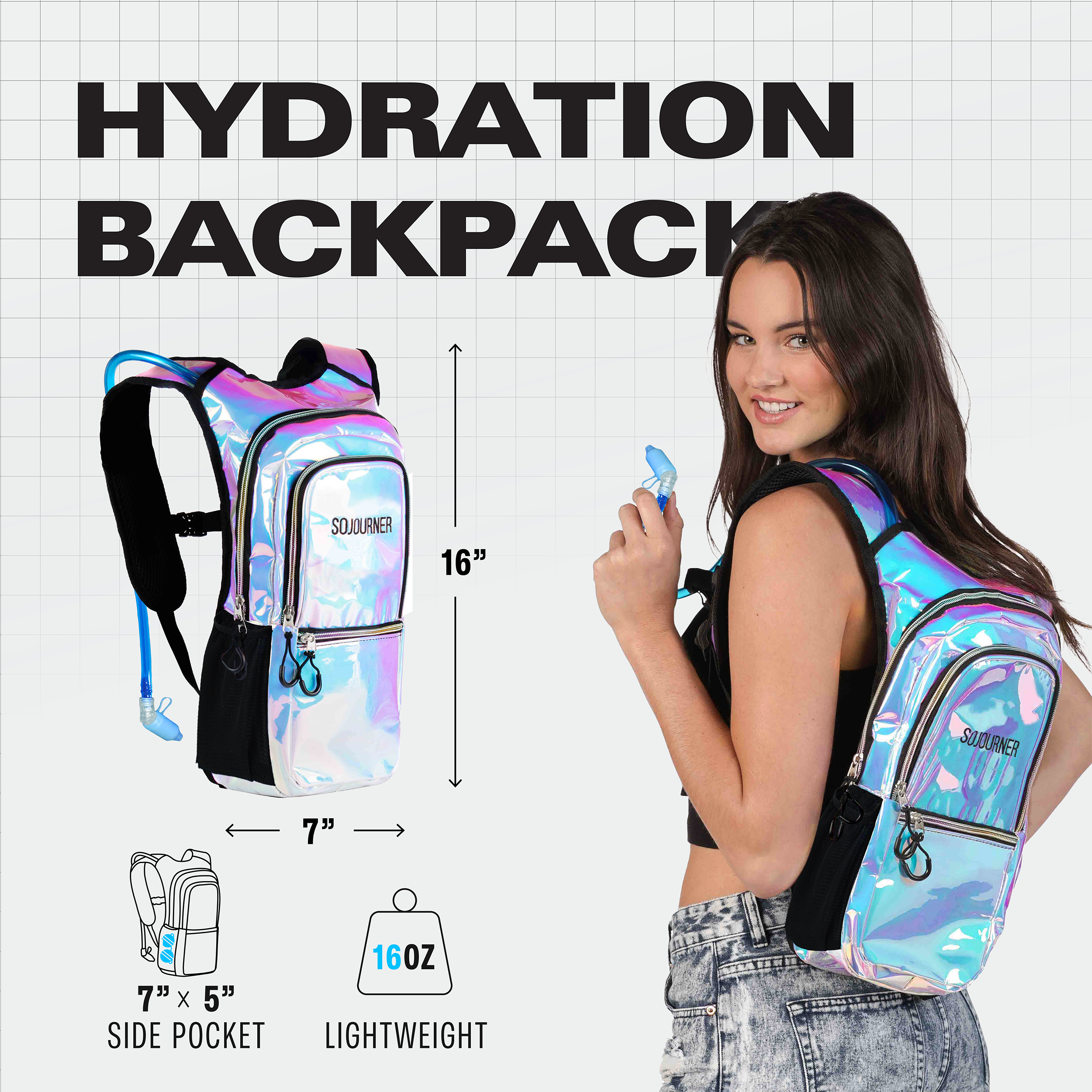 Hydration backpack with a woman wearing it, showing features and measurements on a grid background.