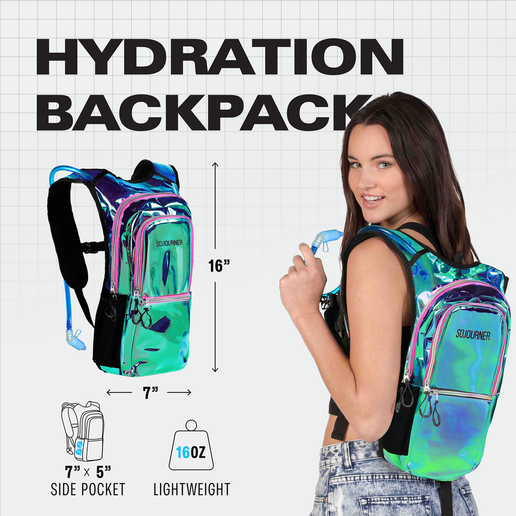 Hydration backpack with a woman wearing it, showing features and measurements on a grid background.