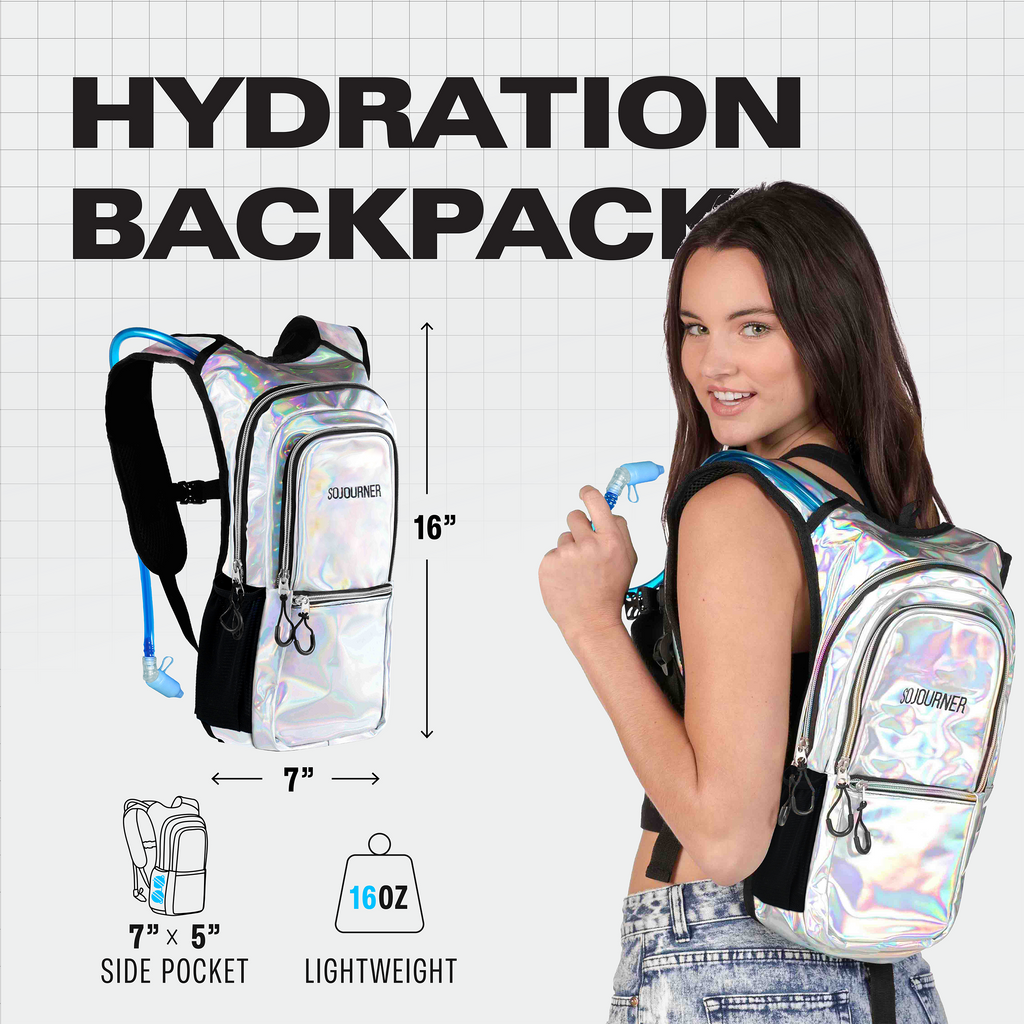 Hydration backpack with measurements and a woman wearing it on a grid background