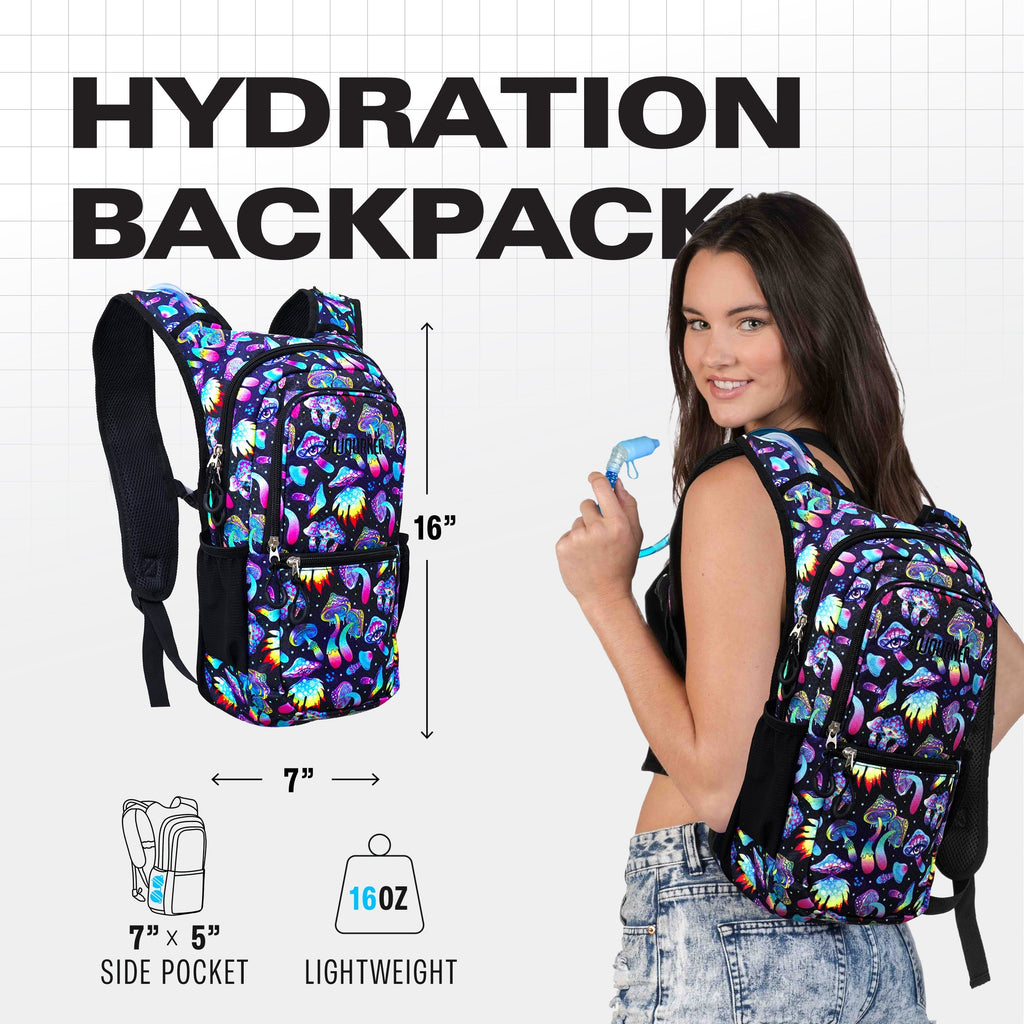 Hydration backpack with colorful design, woman holding a water bottle, and product details on a grid background.