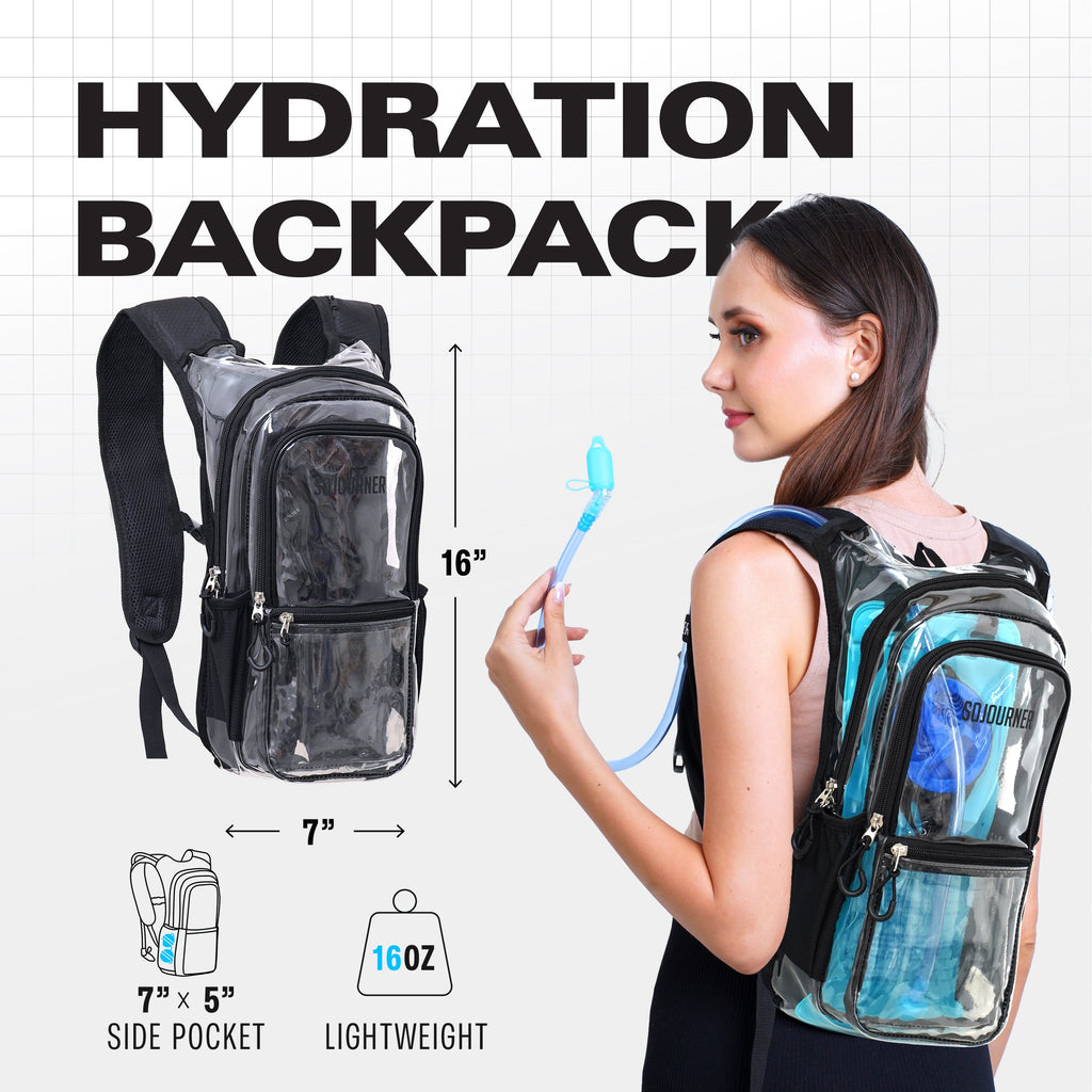 Hydration backpack with a woman wearing it, showing features and measurements.