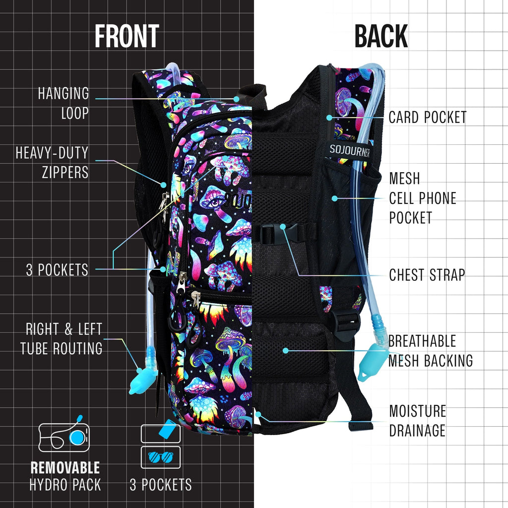 Backpack with colorful design on front and back, labeled features on a grid background.