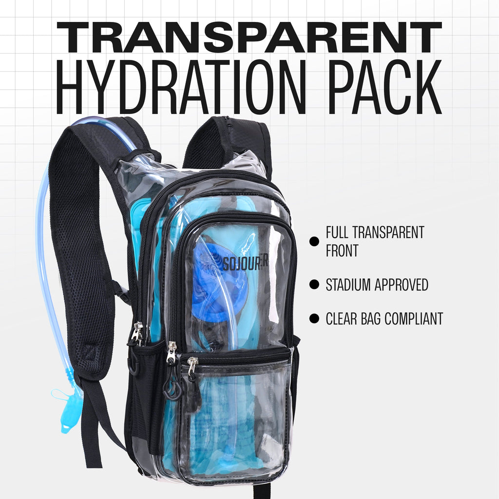 Transparent hydration pack with blue water bladder on a white background