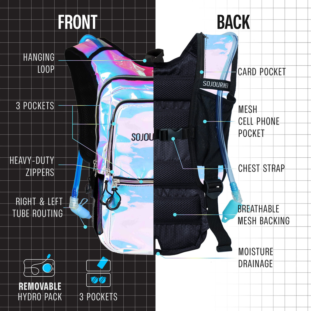 Hydration vest with front and back views labeled on a grid background