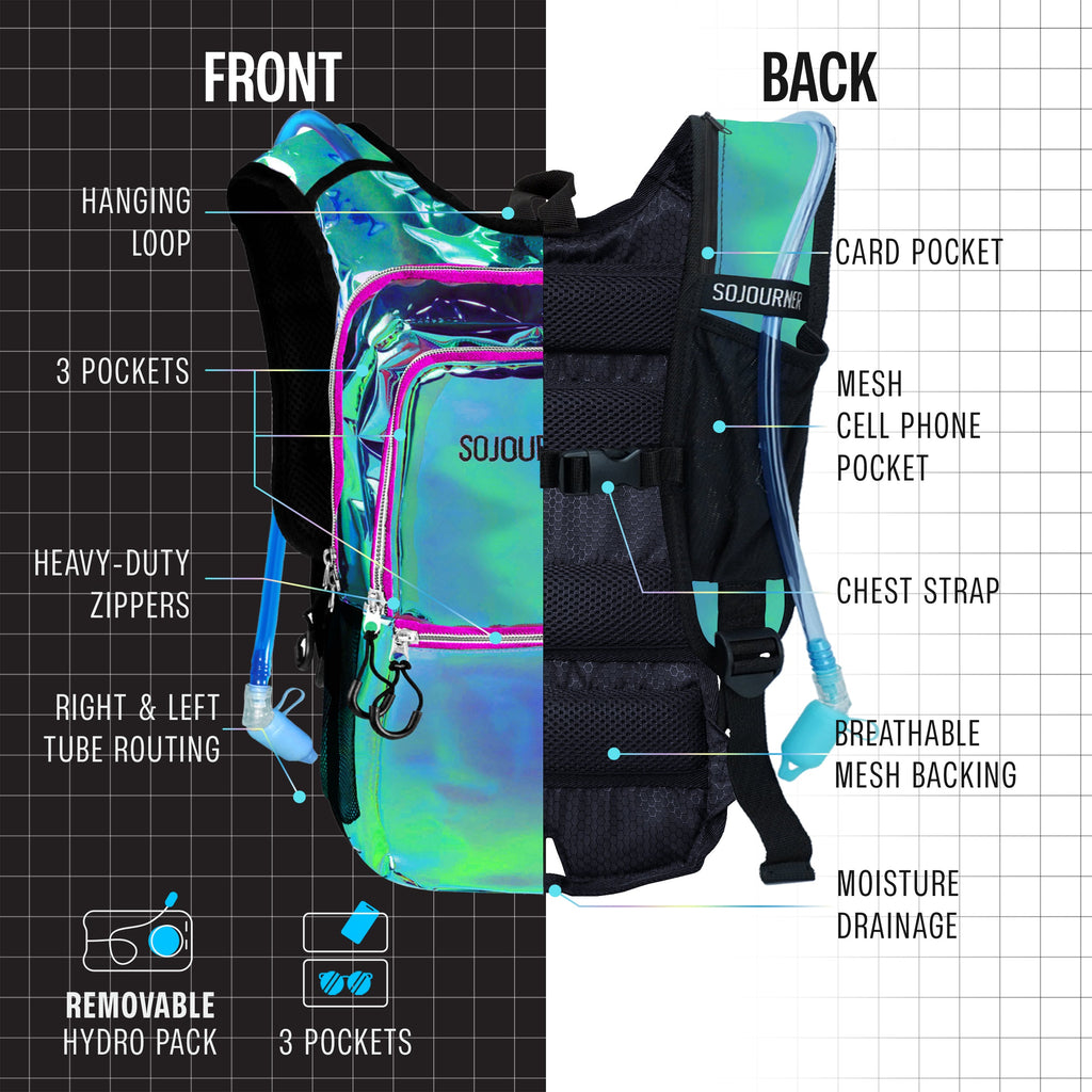 Hydration vest with front and back views, features highlighted on a grid background.