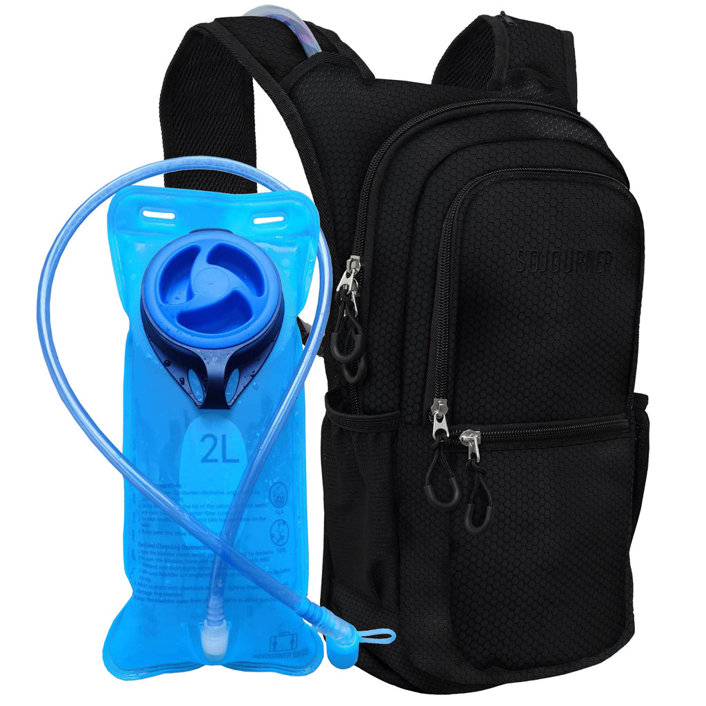 Black hydration backpack with a blue water bladder on a white background
