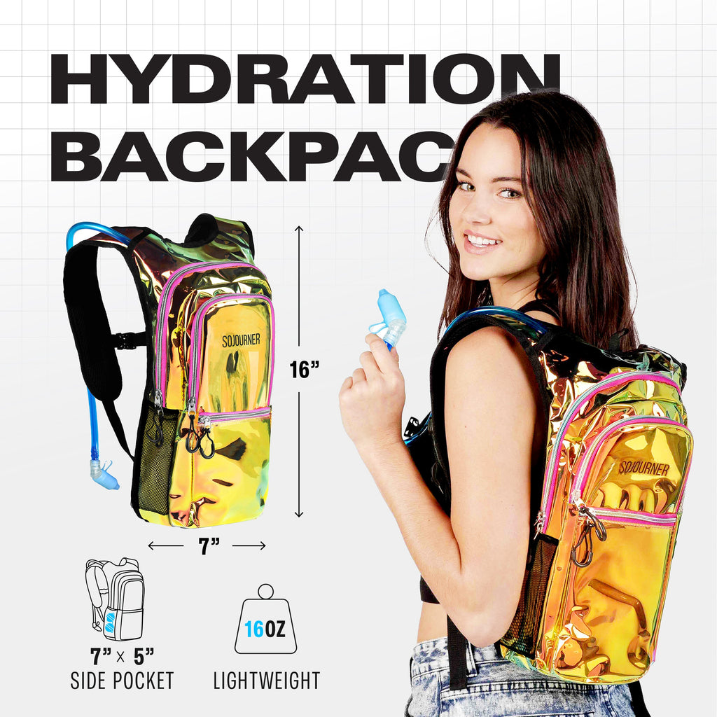 Woman wearing a transparent yellow hydration backpack with dimensions and features displayed.