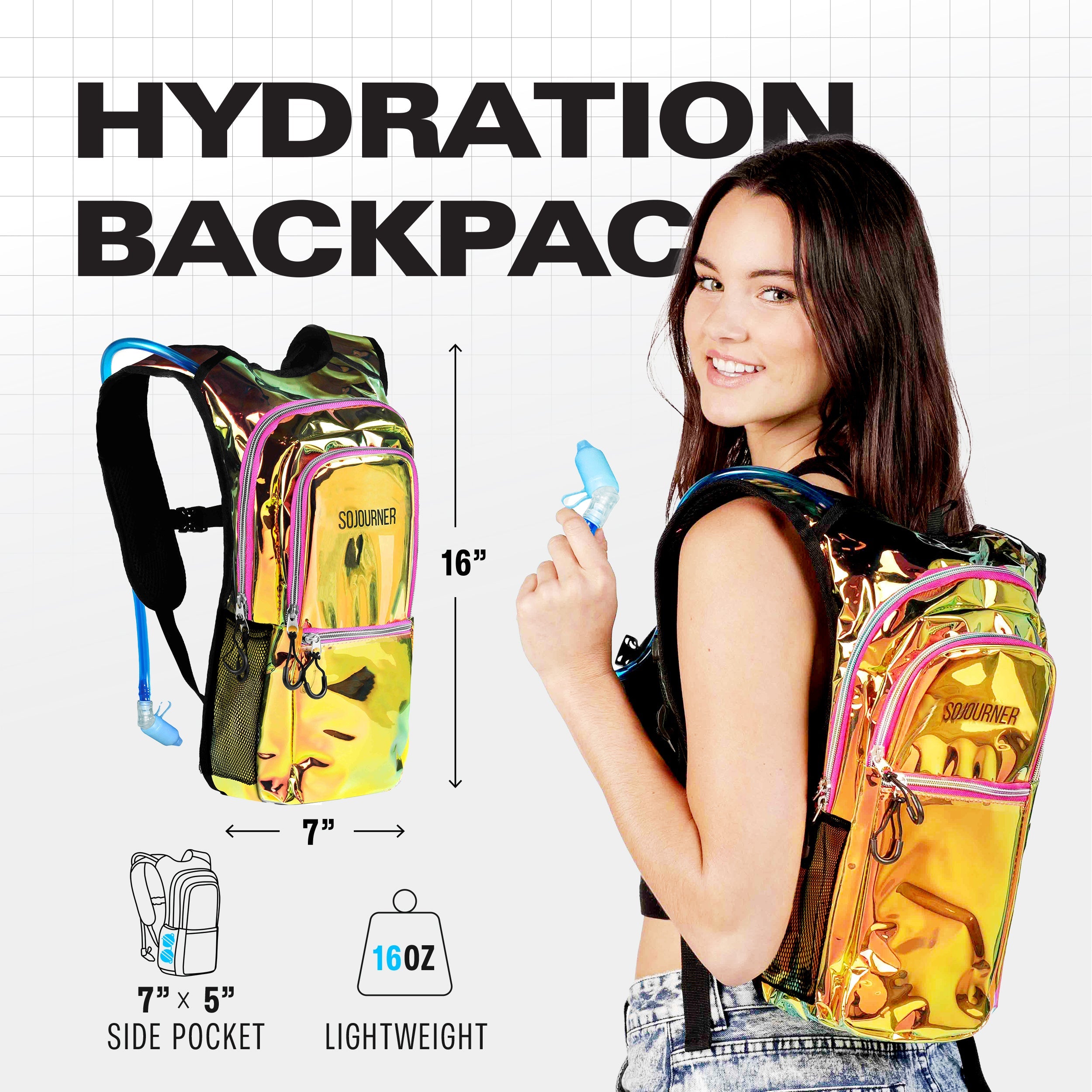 Woman wearing a transparent yellow hydration backpack with dimensions and features displayed.