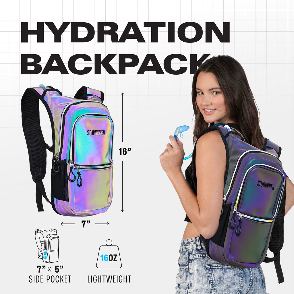 Hydration backpack with a woman holding a water bottle, on a white background with product details.