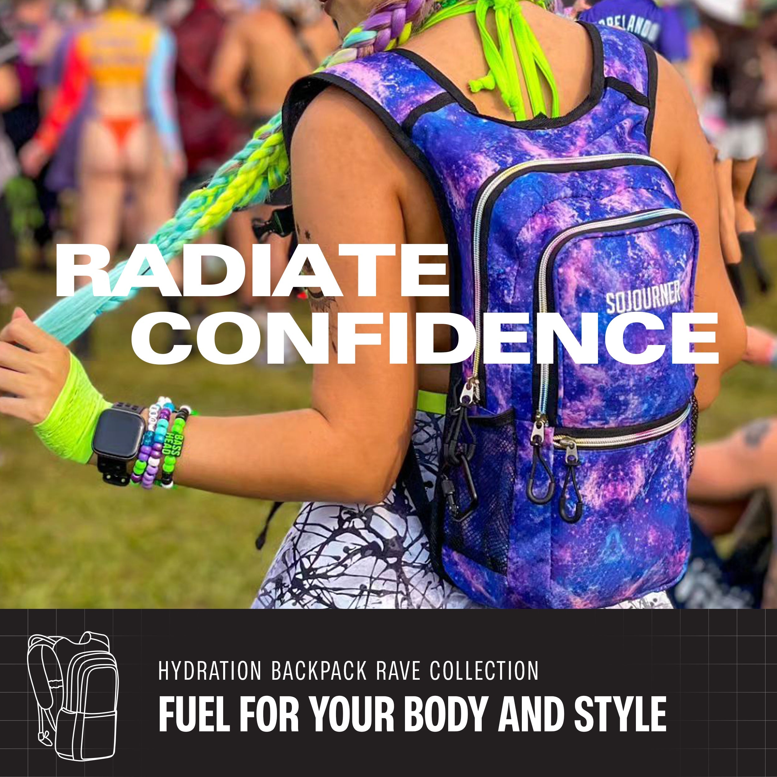 Person wearing a colorful backpack with 'Radiate Confidence' text and hydration backpack branding.